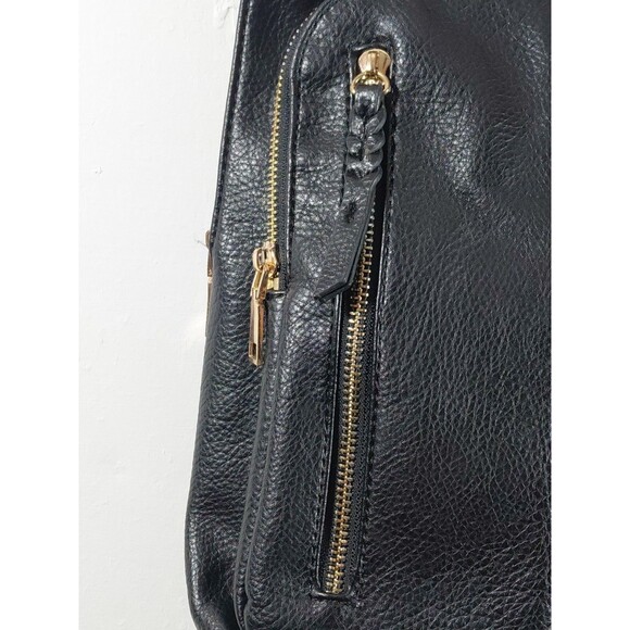 Woman\'s Black Faux Leather Gold Zippers Double Strap Bookbag Small 11.5\